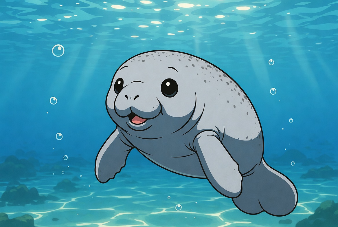 Happy cartoon manatee swimming underwater